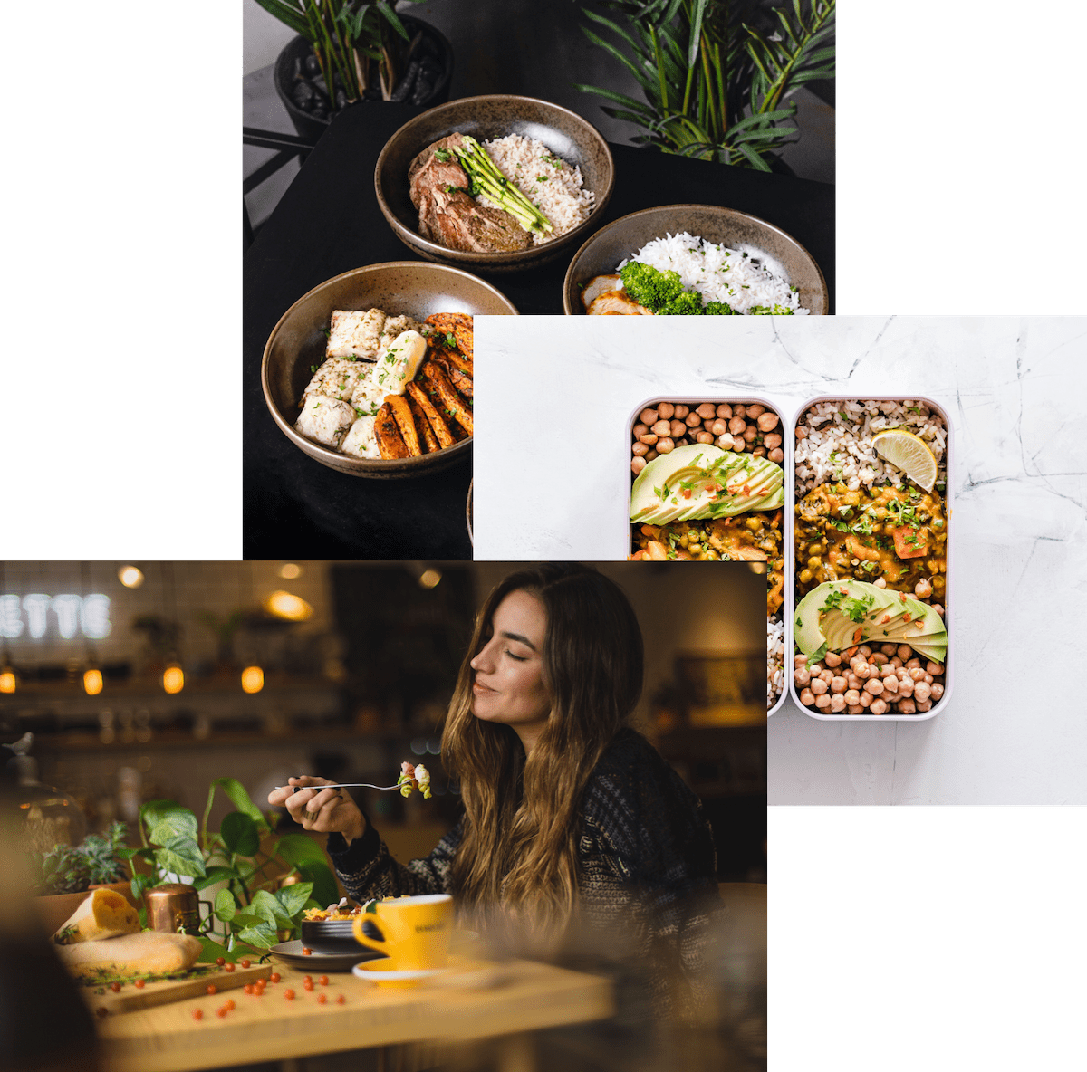 Women enjoying food, meals in storage container, and food bowls an a table